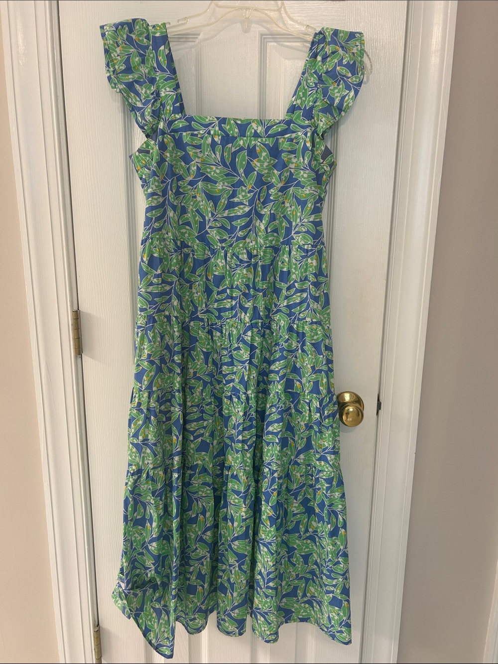 THML Blue & Green Leaf Print Ruffle Strap Maxi Dress
